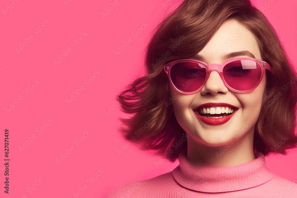 smiling pretty girl in sunglasses on a pink background smiling pretty girl in sunglasses on a pink background