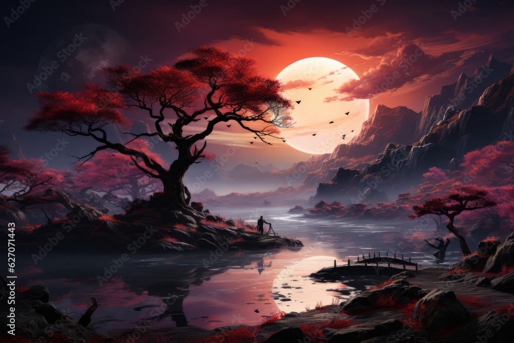 Illustration of a stunning landscape with contrasting elements of warm and cool colors, capturing the essence of balance and tranquility. Generative AI