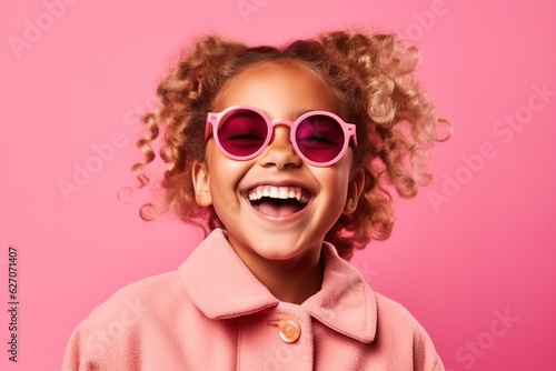 smiling pretty girl in sunglasses on a pink background  © stasknop