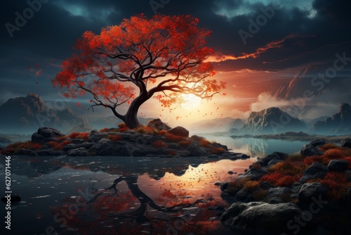 Illustration of a stunning landscape with contrasting elements of warm and cool colors  capturing the essence of balance and tranquility. Generative AI