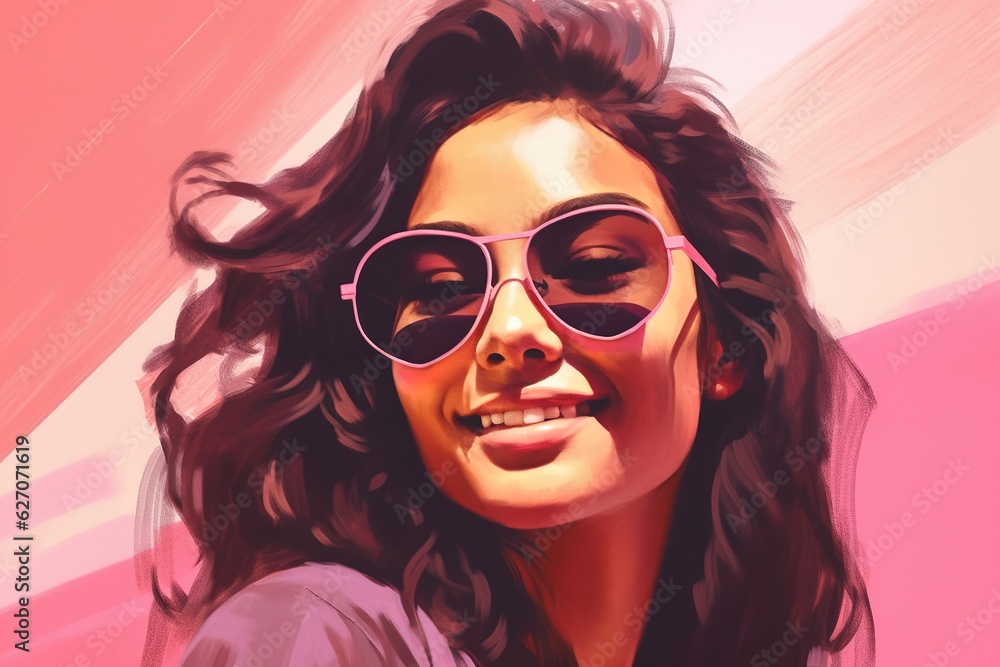 pretty girl in sunglasses on a pink background smiling widely