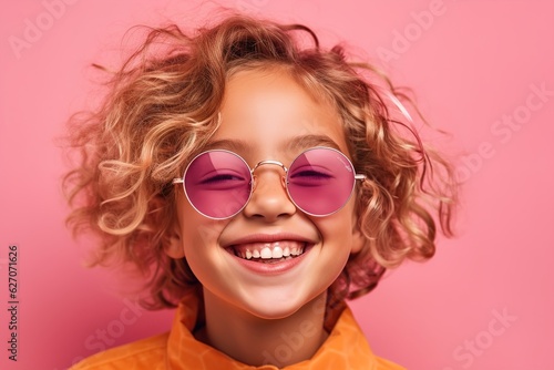 pretty girl in sunglasses on a pink background smiling widely © stasknop