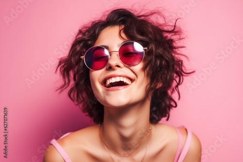 Wallpaper Mural pretty girl in sunglasses on a pink background smiling widely Torontodigital.ca