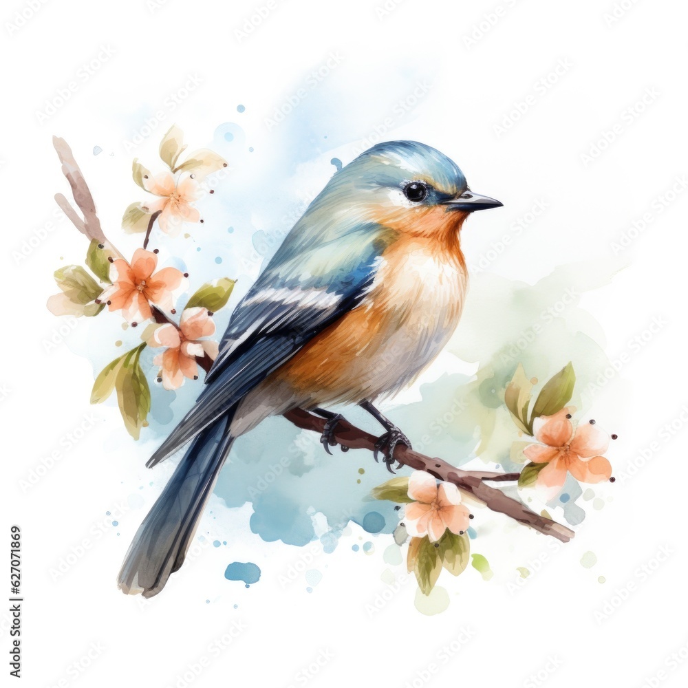 bird on a branch in a watercolor style on a white background. Generative AI