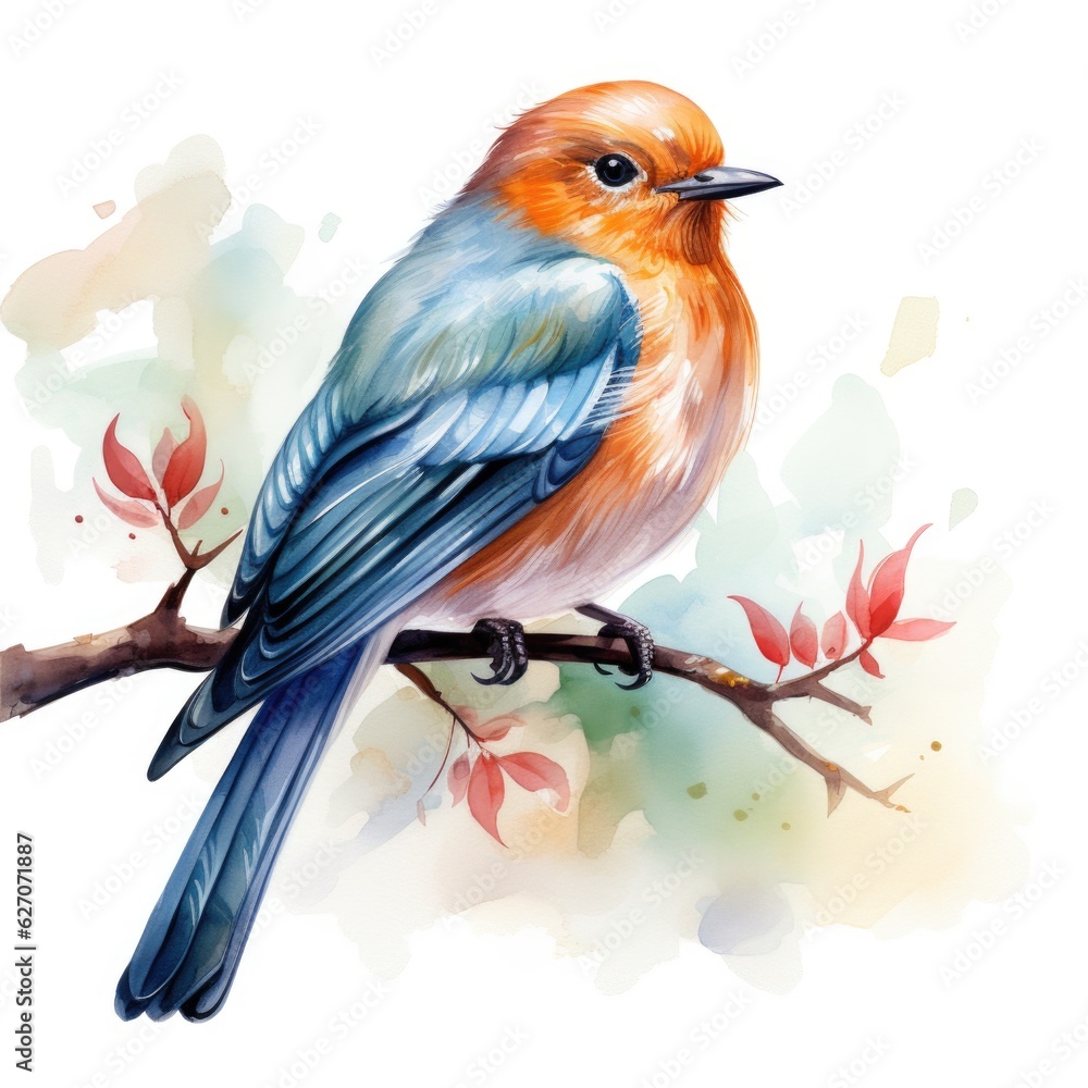 bird on a branch in a watercolor style on a white background. Generative AI