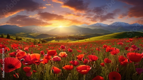  a field full of red flowers under a cloudy sky with mountains in the background. generative ai