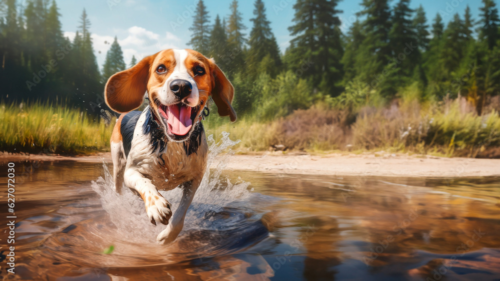 A happy American Beagle breed dog runs splashing on the water of a forest lake, sunny summer day.
