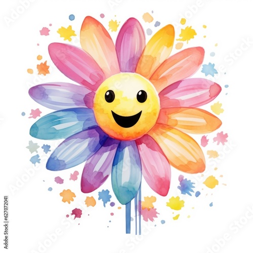 multi-colored daisy with a smile in a watercolor style on a white background. Generative AI photo