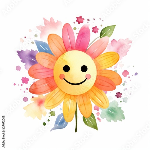 multi-colored daisy with a smile in a watercolor style on a white background. Generative AI