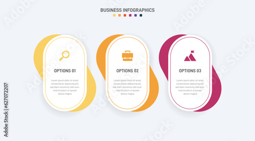 Timeline infographic with infochart. Modern presentation template with 3 spets for business process. Website template on white background for concept modern design. Horizontal layout.
