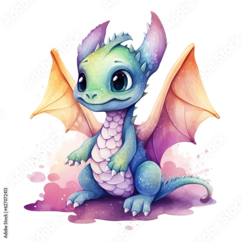 cute baby dragon in a watercolor style on a white background  Generative AI