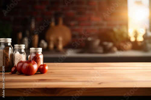 Wooden Kitchen Tabletop with Blurred Background for Product Display Montage
