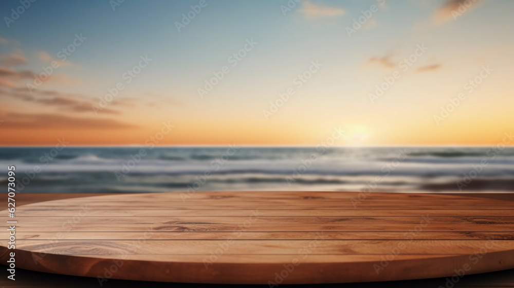 Empty wooden table top tropical product display podium stage in summer beach blurred background