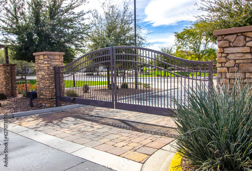 Wrought Iron Security Gate With Rock Columns