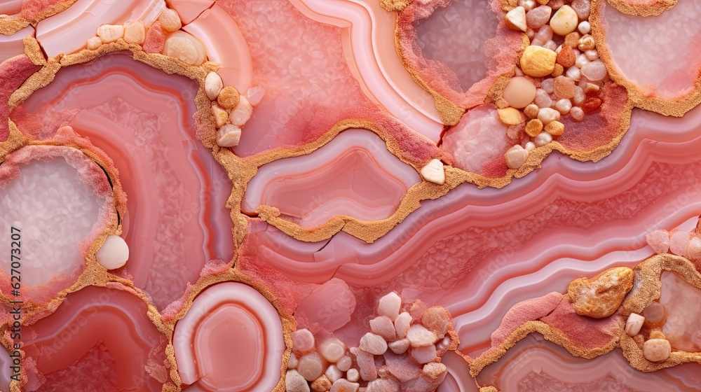 Generative AI, natural volcanic agate stones close-up light pink magenta and golden texture. Wallpaper background, quartz marble, decorative rock pattern. Generative AI, natural volcanic agate stones close-up light pink magenta and golden texture. Wallpaper background, quartz marble, decorative rock pattern.