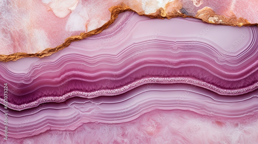 Generative AI, natural volcanic agate stones close-up light pink magenta and golden texture. Wallpaper background, quartz marble, decorative rock pattern. - obrazy, fototapety, plakaty 