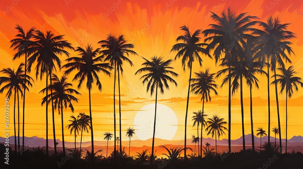  a painting of a sunset with palm trees in the foreground.  generative ai