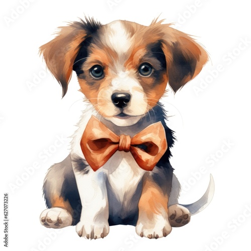 cute puppy with a bow tie in a watercolor style on a white background. Generative AI photo