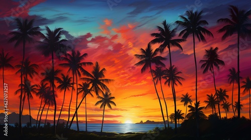  a painting of a sunset with palm trees and the ocean in the background.  generative ai © Anna
