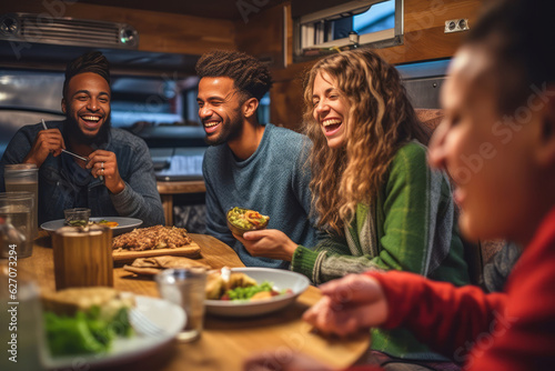 A group of friends laughing and enjoying a meal inside a well-appointed motorhome, highlighting the convenience and comfort of mobile living on a road trip. Generative Ai