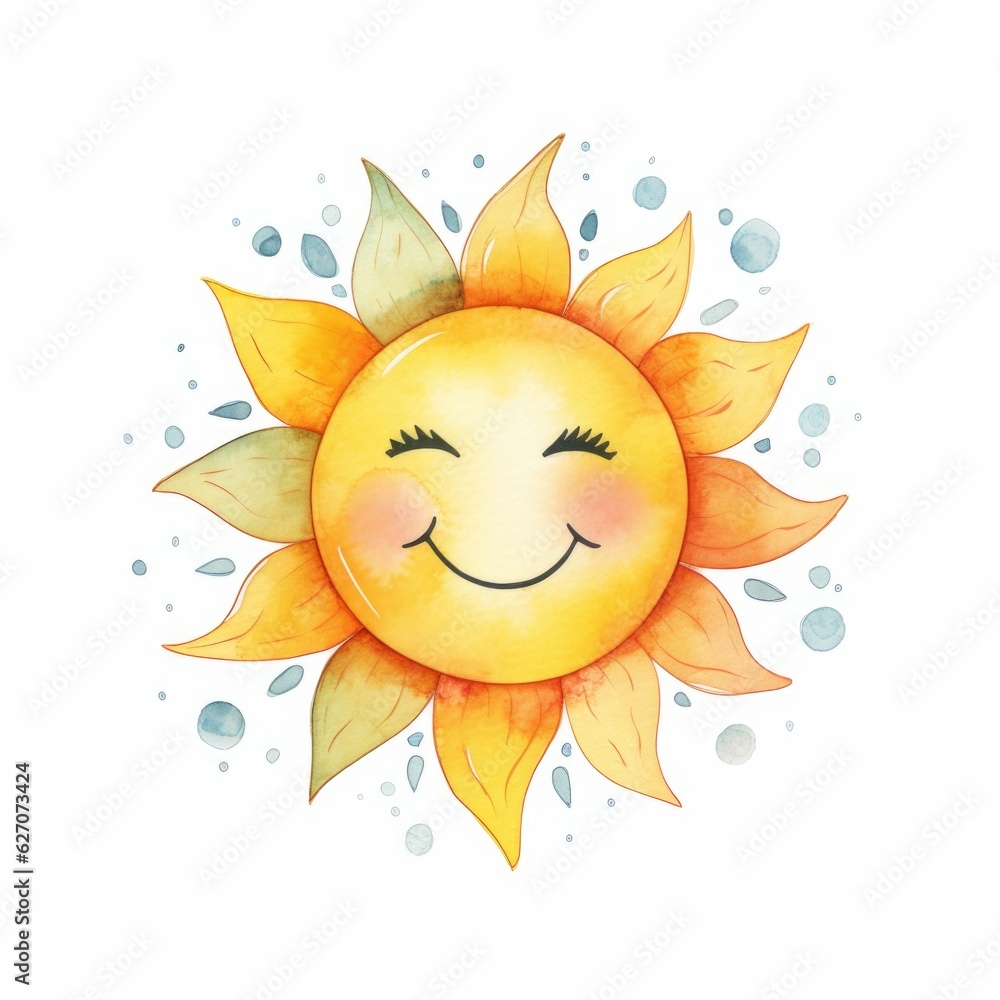 cute sun with face in watercolor style isolated on white background. Generative AI