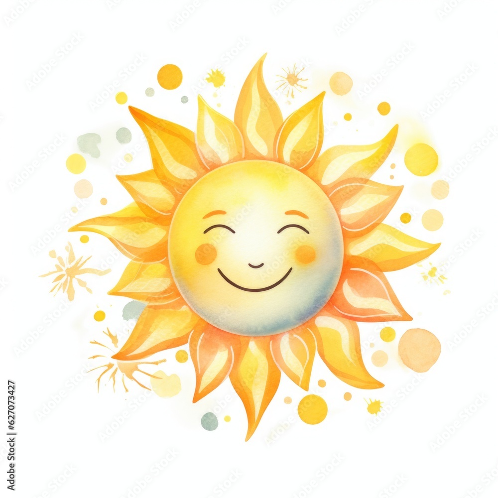 cute sun with face in watercolor style isolated on white background. Generative AI