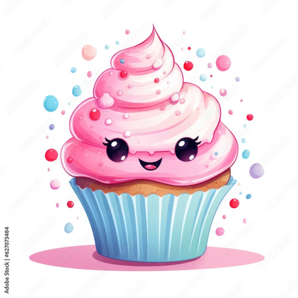 cute cupcake with face in watercolor style isolated on white background. Generative AI cute cupcake with face in watercolor style isolated on white background. Generative AI
