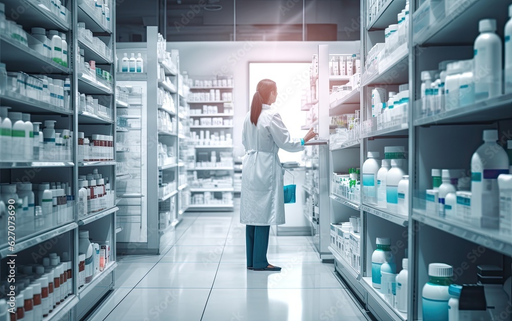 Back view of woman pharmacist cashier in a white coat stand in pharmacy store, shelves with health products, back view, generative ai