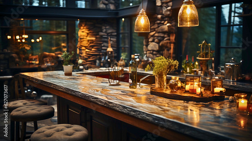 Asymmetrical, low-angle close-up of a rustic, warm kitchen island in a modern farmhouse, bathed in cozy artificial light, exuding industrial charm.