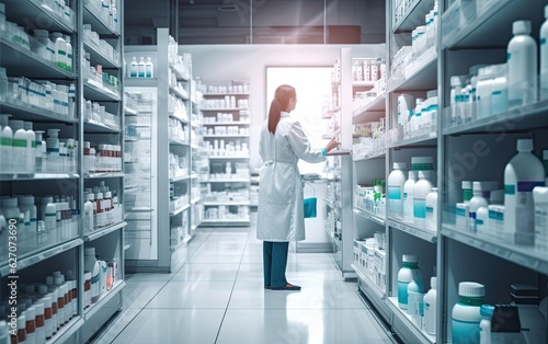 Back view of woman pharmacist cashier in a white coat stand in pharmacy store, shelves with health products, back view, generative ai photo