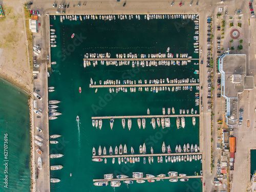 Aerial view of marina in Bar in Montenegro. Harbor for yacht and port concept photo