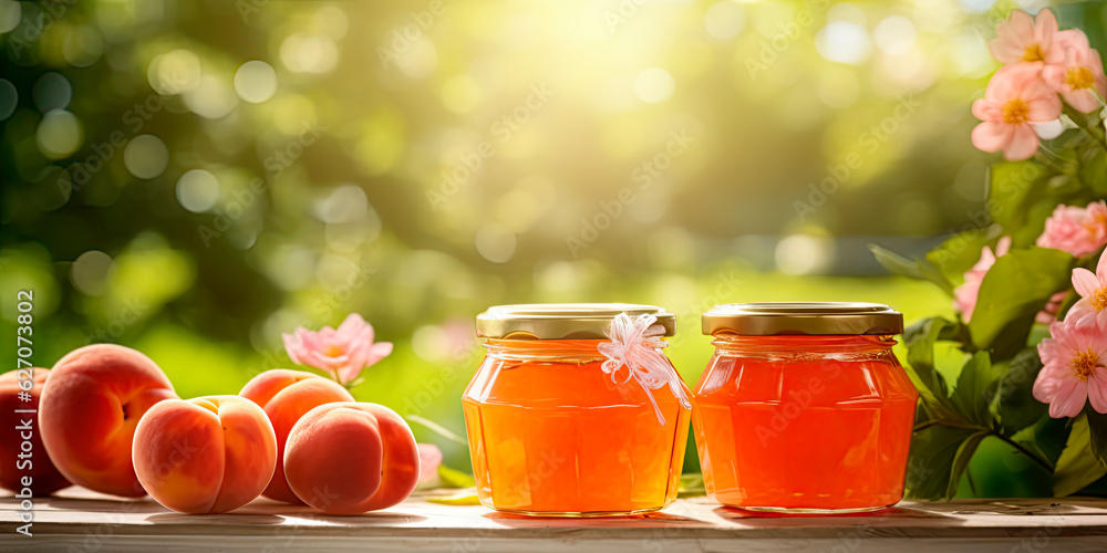 Close-up of peach jam and fresh peach in jars on the table against the backdrop of a natural bright garden Close-up of peach jam and fresh peach in jars on the table against the backdrop of a natural bright garden
