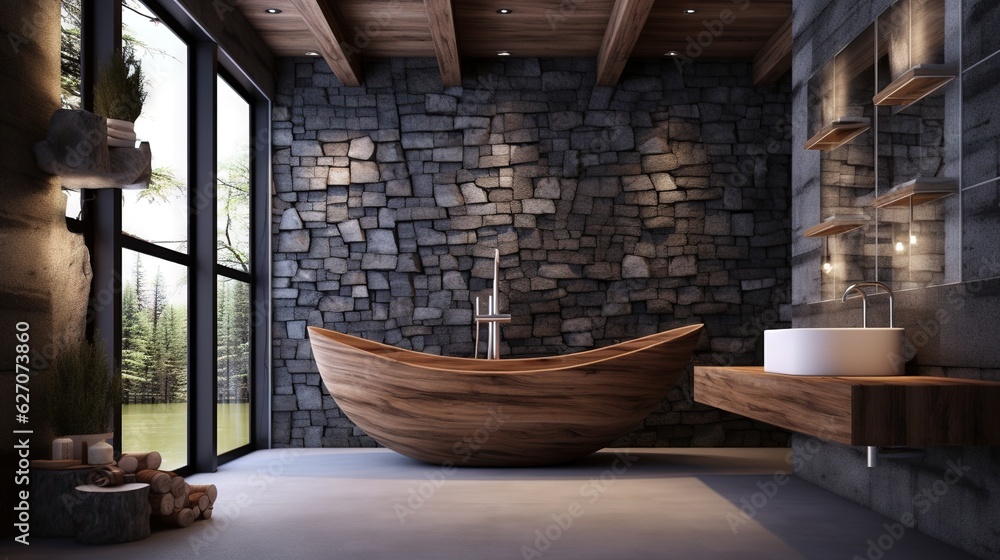  a bathroom with a stone wall and a wooden bathtub.  generative ai