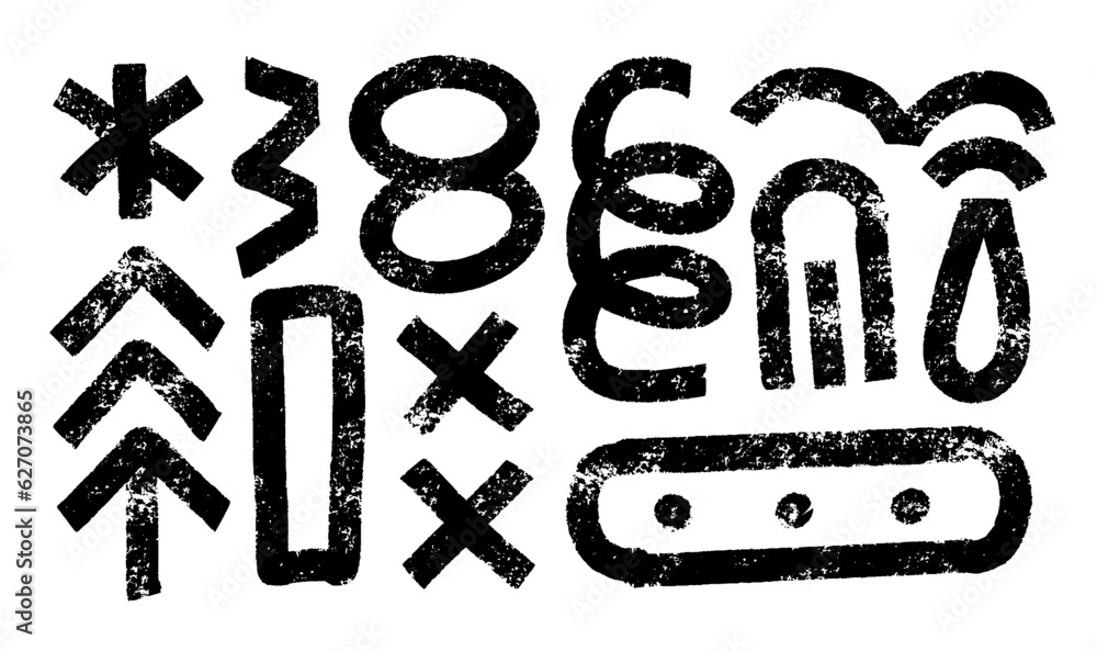 Grunge bold doodle elements set with arrows, circle, arch, cross sign, curvy lines. Black color grunge shapes collection. Contemporary hand drawn vector clip art. Grunge bold doodle elements set with arrows, circle, arch, cross sign, curvy lines. Black color grunge shapes collection. Contemporary hand drawn vector clip art.