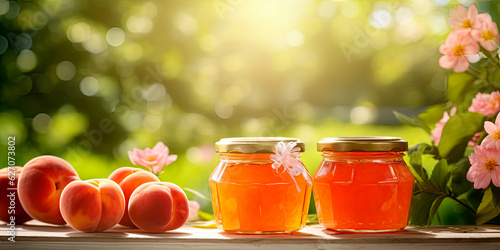 Close-up of peach jam and fresh peach in jars on the table against the backdrop of a natural bright garden