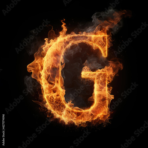 Capital letter G consisting of a flame. Burning letter G. Letter of fire flames alphabet on black background.