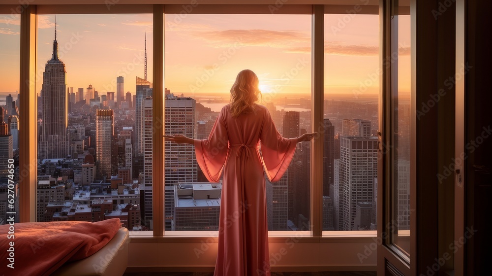 woman in new york looking out the window at the city