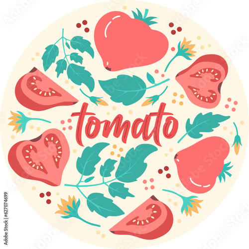 Vector vintage background with fresh vegetables tomatos  Color hand drawn illustration with full , halves and slices tomatoes and leaves  . Template for label or card design.
