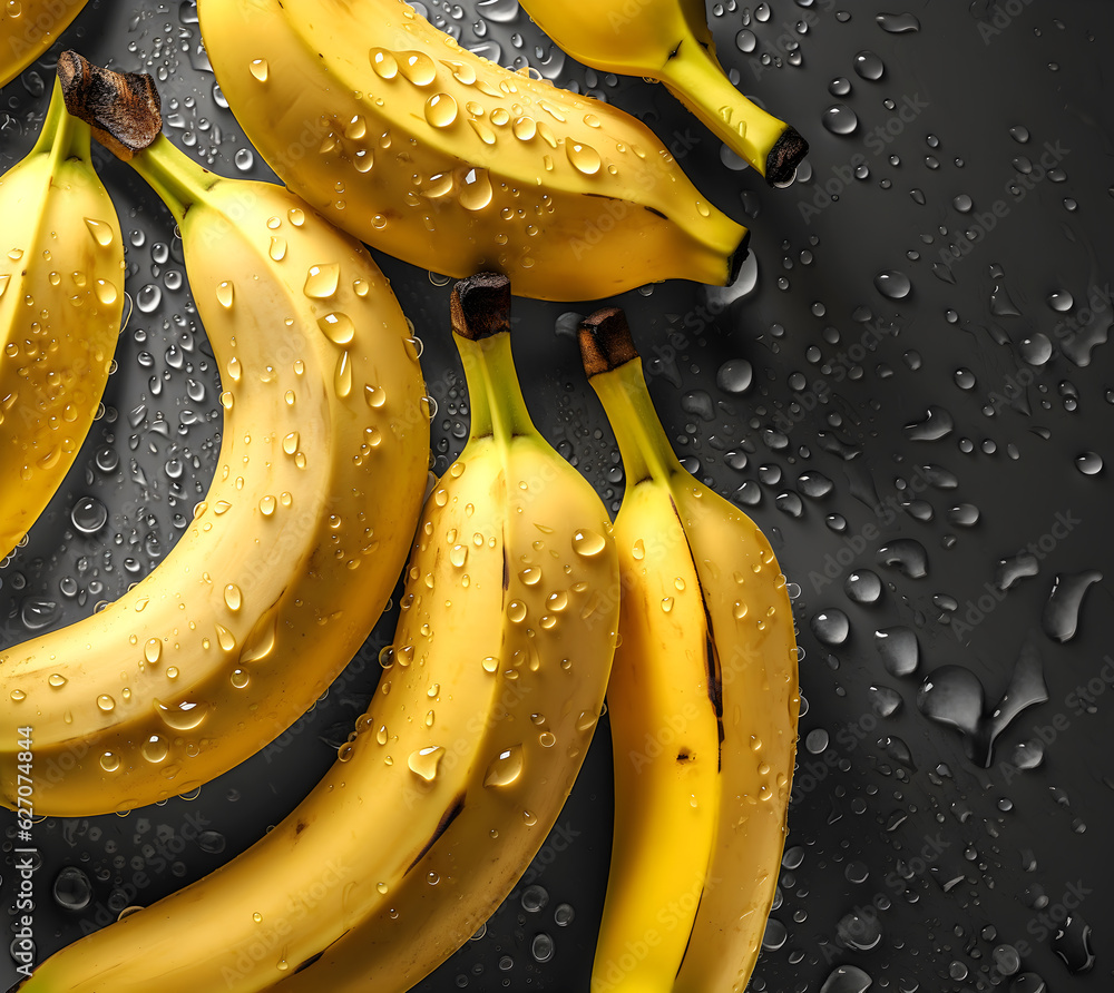 Creative fruits vegetable concept. Fresh banana bananas glistering with water droplet