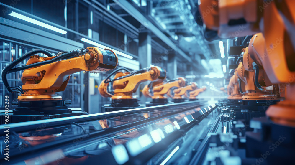 Industrial robot works automatically in smart autonomous factory. Postproducted generative AI illustration. Industrial robot works automatically in smart autonomous factory. Postproducted generative AI illustration.