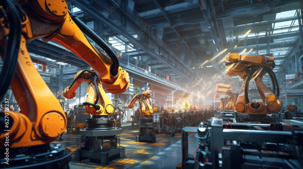 Industrial robot works automatically in smart autonomous factory. Postproducted generative AI illustration. Industrial robot works automatically in smart autonomous factory. Postproducted generative AI illustration.