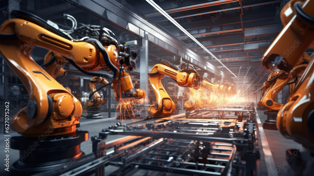 Industrial robot works automatically in smart autonomous factory. Postproducted generative AI illustration. Industrial robot works automatically in smart autonomous factory. Postproducted generative AI illustration.