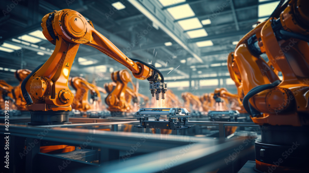 Fototapeta premium Industrial robot works automatically in smart autonomous factory. Postproducted generative AI illustration.