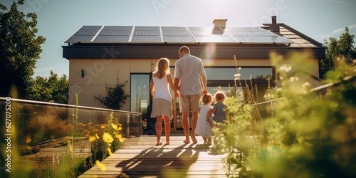Happy Family with Solar Panels on Modern House Rooftop, Solar Panel on rooftop, family in the garden
