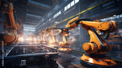 Industrial robot works automatically in smart autonomous factory. Postproducted generative AI illustration. © nikomsolftwaer