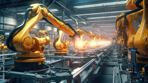 Industrial robot works automatically in smart autonomous factory. Postproducted generative AI illustration. © nikomsolftwaer
