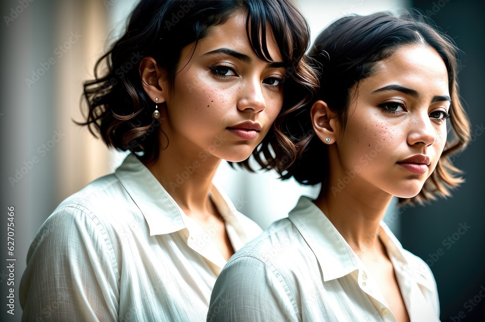 A woman in white blouse stands in meeting room. Two beautiful sexy brunette hair woman wear same dress beige and blouse and skirt clothes casual street style. Looking at camera. Generative AI A woman in white blouse stands in meeting room. Two beautiful sexy brunette hair woman wear same dress beige and blouse and skirt clothes casual street style. Looking at camera. Generative AI