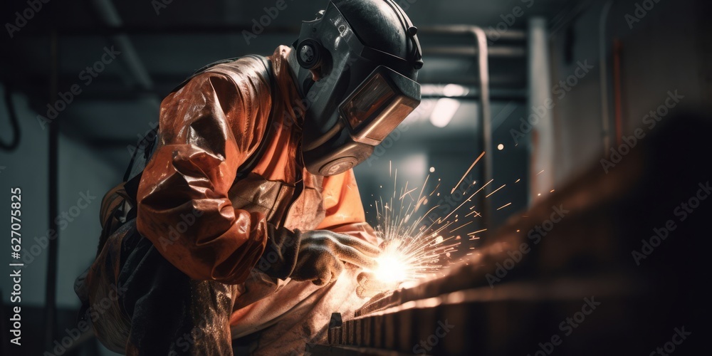 welder working in the factory, Modern Worker Welding a Beam in Protective Gear Illustrating Industrial Concept