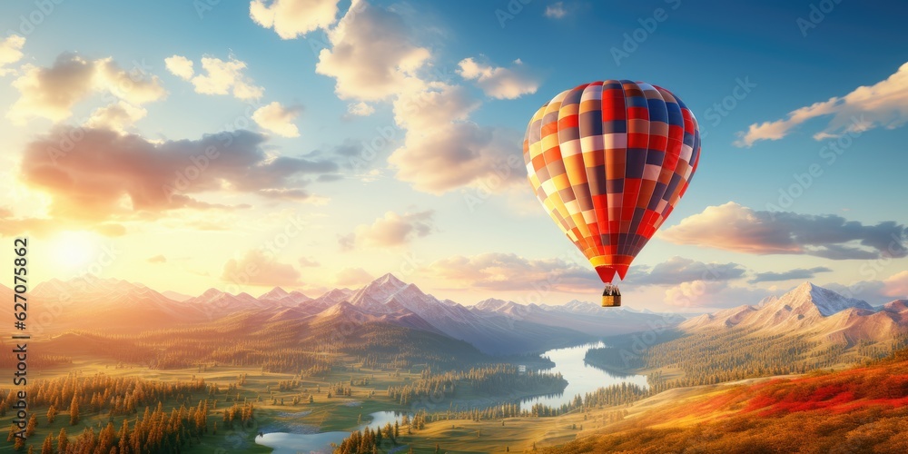 Fototapeta premium Balloon flight. Beautiful background, travel theme. Generative AI
