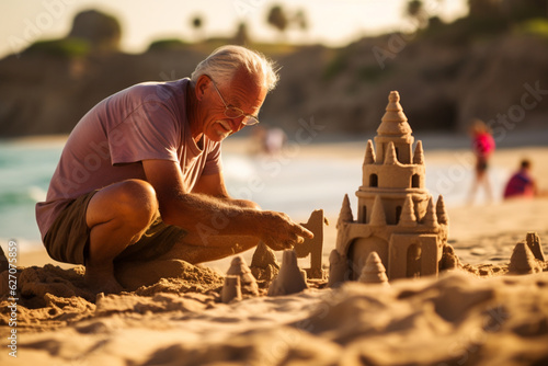 senior making a sandcastle on the beach AI generated